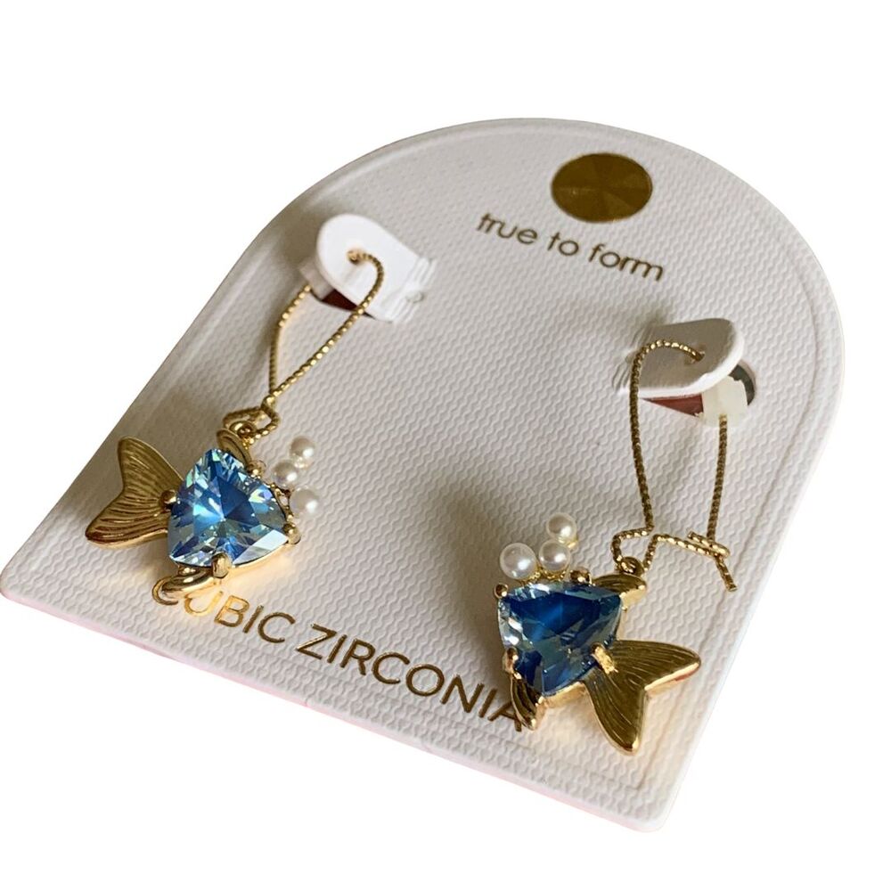 Gold Tone Blue Cubic Zirconia Fish Hook Dangle Earrings New with Tag - Picture 5 of 7